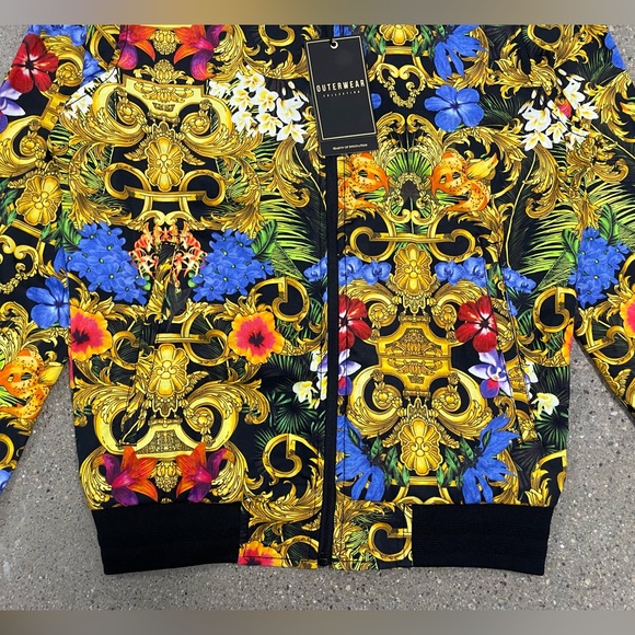 NWT Denim & Flower Ricky Singh Full Zip Floral Bomber Jacket Gold/Black Versace - Picture 4 of 14